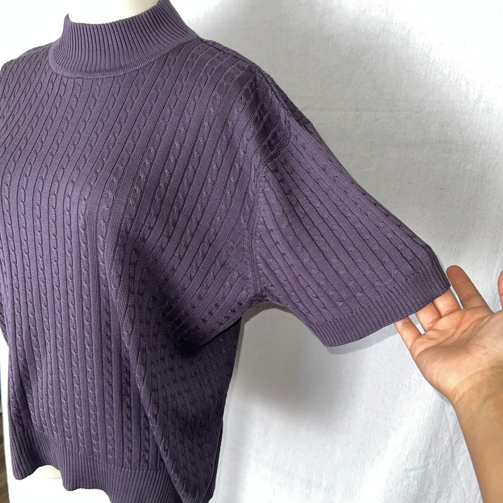 100% Silk Cable Knit Sweater Mock Neck Short Sleeve Purple M Quiet Luxury - Picture 4 of 7